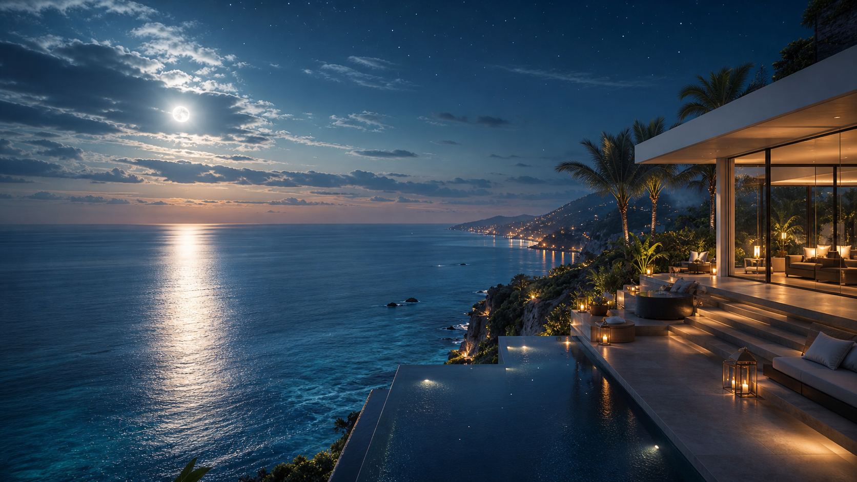 Luxury oceanfront villa with glowing water at dusk